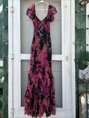 Women's Floral Ruffle Maxi Dress in Pink and Black